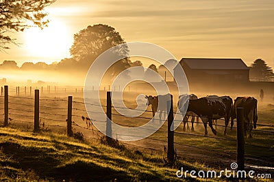 Golden sunrise over a misty farm with cows behind a rustic fence, a serene pastoral scene Stock Photo