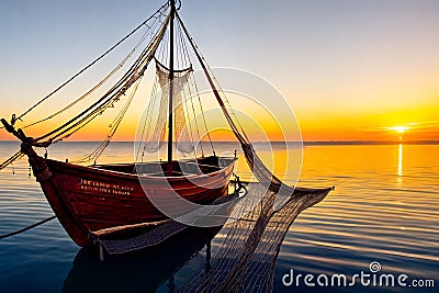 Golden Sunrise Over Ocean: Weathered Fishing Boat with Nets Navigating Calm Sea Waters Stock Photo