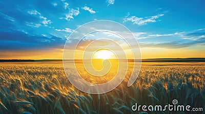 Golden sunrise over tranquil countryside with vibrant wheat fields and clear blue sky Stock Photo