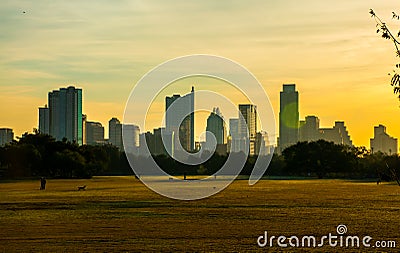 Golden Sunrise Zilker Park Crowd Playing Early Spring Stock Photo