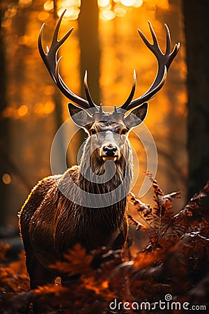 Golden Sunset: A Majestic Portrait of a Celtic Deer Lord in the Stock Photo