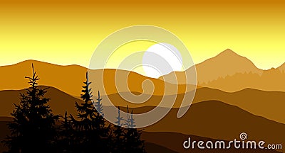 Golden sunset in the mountains. Vector illustration. Vector Illustration