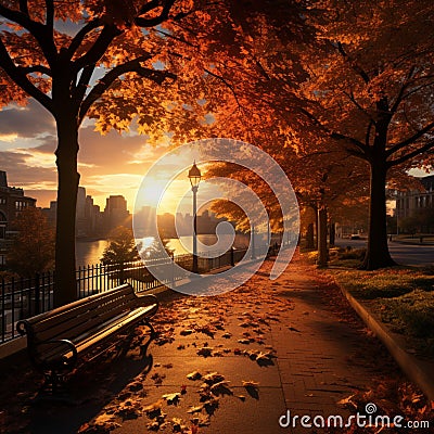 Golden sunset over city highlights vibrant fall foliage and tranquility Stock Photo