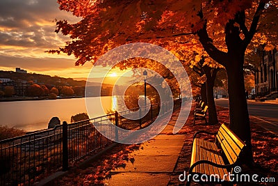 Golden sunset over city highlights vibrant fall foliage and tranquility Stock Photo