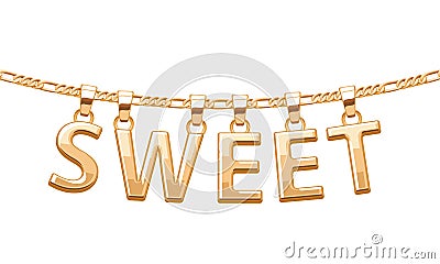 Golden SWEET word pendant on chain necklace. Vector Illustration