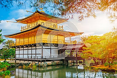 Golden temple in Japan, Kinkaku-ji Gold Pavilion Buddhist Zen Temple Travel landmark at Kyoto, Japan Stock Photo