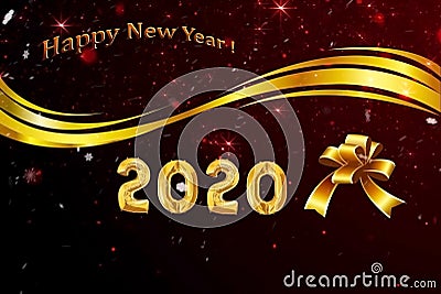 Golden Text balloon 2020 with golden ribbon on black background. Stock Photo