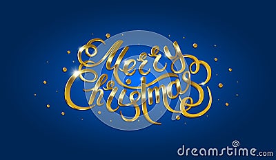 Golden text on blue background. Merry Christmas and Happy New Year lettering. Vector Illustration