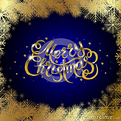 Golden text on blue background. Merry Christmas and Happy New Year lettering. Vector Illustration