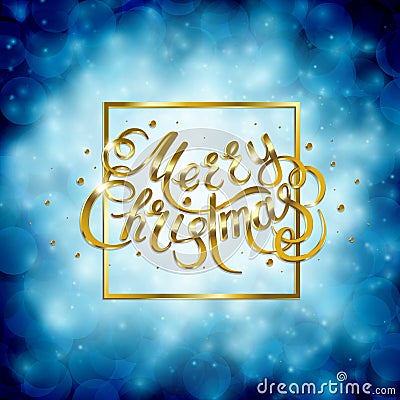 Golden text on blue background. Merry Christmas and Happy New Year lettering. Vector Illustration