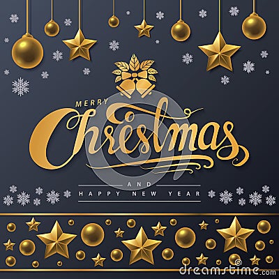 Golden text of Merry Christmas on black background. Vector Illustration