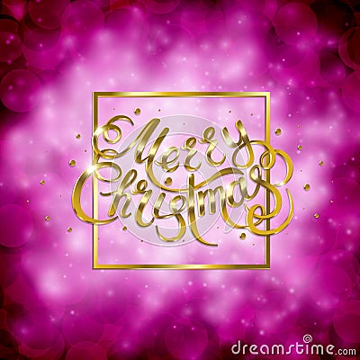 Golden text on pink background. Merry Christmas and Happy New Year lettering. Vector Illustration