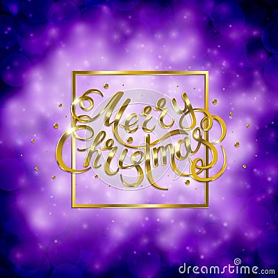 Golden text on purple background. Merry Christmas and Happy New Year lettering. Vector Illustration