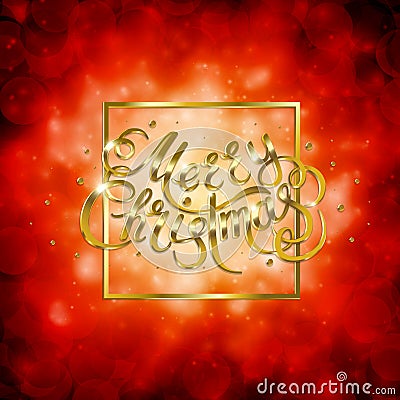 Golden text on red background. Merry Christmas and Happy New Year lettering. Vector Illustration