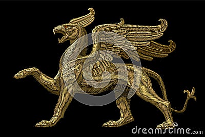 Golden textured embroidery griffin textile patch design. Fashion decoration ornament fabric print. Gold on black Vector Illustration