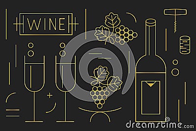 Golden thin line WINE bottle, glasses, banner, and grapes icons set on black background Vector Illustration