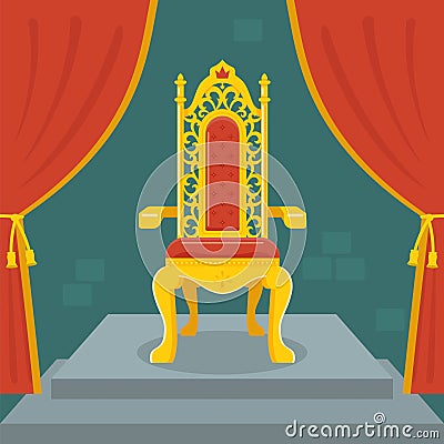 Golden throne with red velvet. fairy kingdom. Vector Illustration