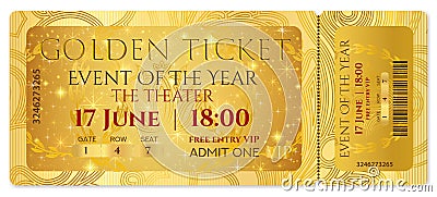 Golden ticket, golden token tear-off ticket, coupon with curve patter Vector Illustration