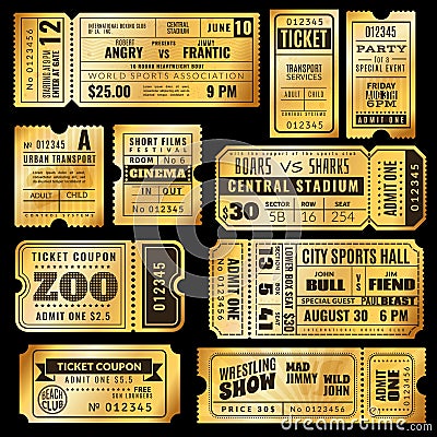 Golden tickets. Old gold admission vip ticket of circus, wedding party and cinema, theater concert. Raffle premium Vector Illustration