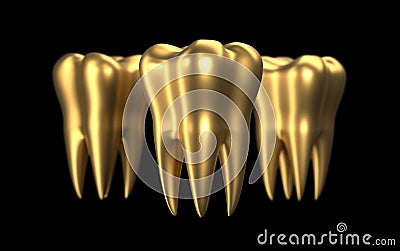 Golden Tooth isolated on black background. Healthy gold teeth icon 3d illustration. Dentistry health care, dentist Cartoon Illustration