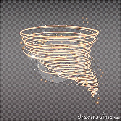 Golden tornado, swirling storm cone of stardust sparkles on transparent background. Golden spiral with light effect Vector Illustration