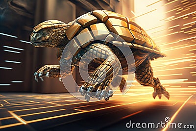 Golden tortoise in a futuristic space Cartoon Illustration