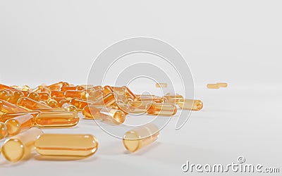 Golden transparent capsules of vitamin A, E, Omega 3 or collagen essence, serum. Medical pill with fish fat, organic Cartoon Illustration