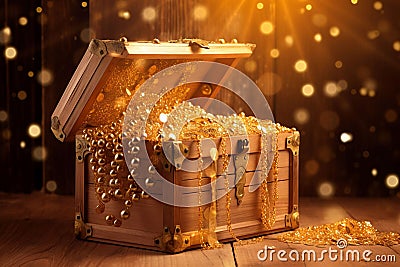 Golden treasure chest full gold metal. Generate Ai Stock Photo