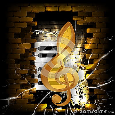 Golden treble clef on a background of brick wall Vector Illustration