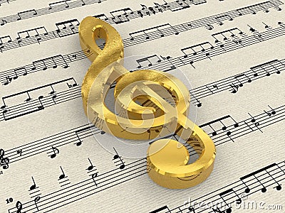 Golden treble clef on score paper Stock Photo