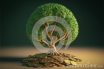 Golden tree with coins money investment and financial success concept. Stock Photo