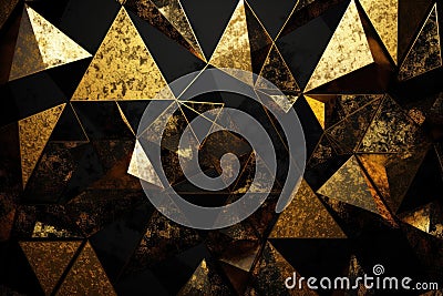 Golden triangles on a black textured background with a shimmering metallic effect Stock Photo