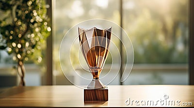 Golden Triumph: A Close-Up of a Majestic Trophy on a Modern Oak Desk Stock Photo