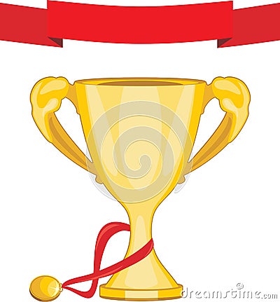 Golden trophy cup and champion medal Vector Illustration