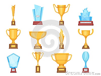 Golden trophy cups. Glass and gold award trophies for sports or competition. Crystal championship rewards and winner Vector Illustration