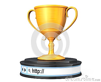 Golden Trophy over Browser Address Bar as Round Platform Pedestal. 3d Rendering Stock Photo