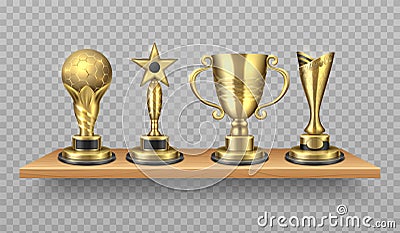 Golden trophy. Realistic bookshelf with sport victory symbols. Library wooden shelf with shiny gold cups. Vector Vector Illustration