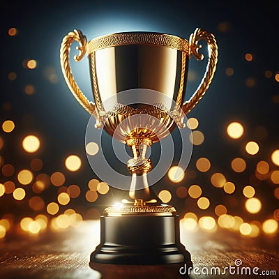 Golden trophy sits to be claimed with bokeh light effects Stock Photo