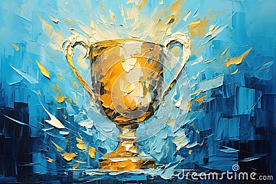 Golden trophy and streamers in sport competition with blue background. Palette knife oil painting. Generative AI Stock Photo