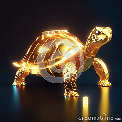 Golden turtle on a dark background. 3d rendering, 3d illustration. Generative AI Cartoon Illustration