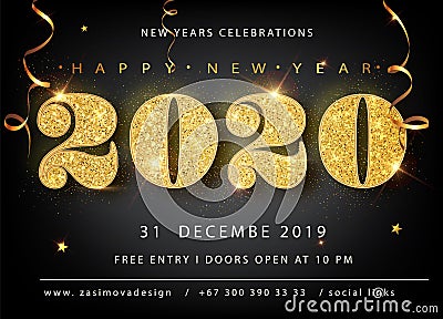 Golden Vector luxury text 2020 Happy new year. Gold Festive Numbers Design, diamonds texture. Gold shining glitter Vector Illustration