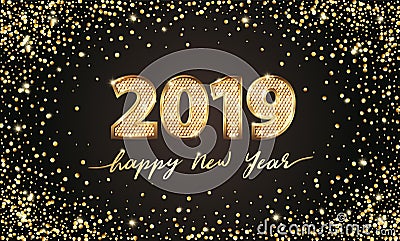 Golden Vector luxury text 2019 Happy new year. Gold Festive Numbers Design. Gold glitter confetti. Banner 2019 Digits Stock Photo