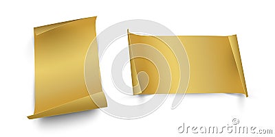 Golden vertical and horizontal paper sheets with curled edges isolated on whine background. Vector design elements. Vector Illustration