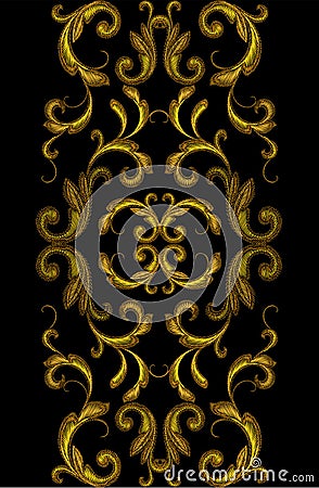 Golden Victorian Embroidery Floral Seamless Border Ornament. Vector Illustration