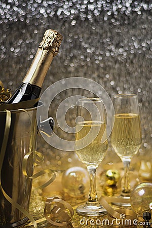 golden view with champagne bottle. High quality photo Stock Photo