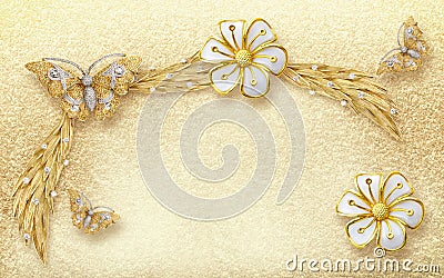 Golden vintage background with golden flower and butterfly Stock Photo