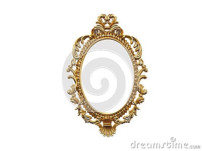 Golden vintage frame, mirror. Design retro element. physical realistic reflection . 3d rendering. Stock Photo