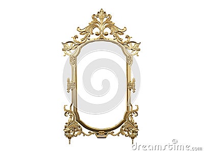 Golden vintage frame, mirror. Design retro element. physical realistic reflection . 3d rendering. Stock Photo