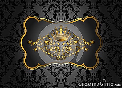 Golden vintage invitation card with lot of detailed elements on black background. Royal crown and swirls in baroque style Vector Illustration