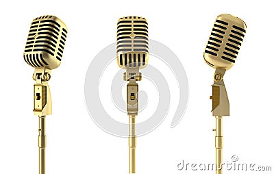 Golden vintage microphone isolated on white Stock Photo